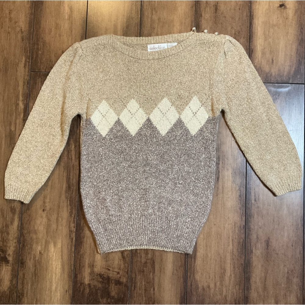 Vintage Agryl Pullover Sweater 50’s Style Cream Brown Pearl Accent Button Small